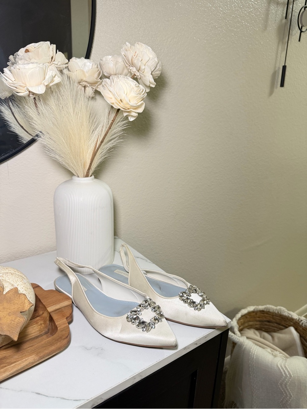 Nine West Ivory Satin Pointed Slingback Flats with Crystal Buckle